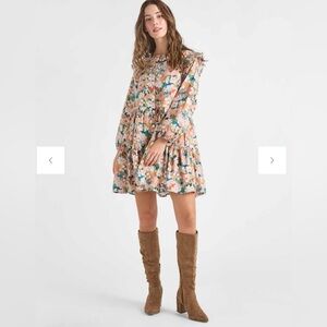 Floral Tiered Long-Sleeve Mini Dress - Peach Multi